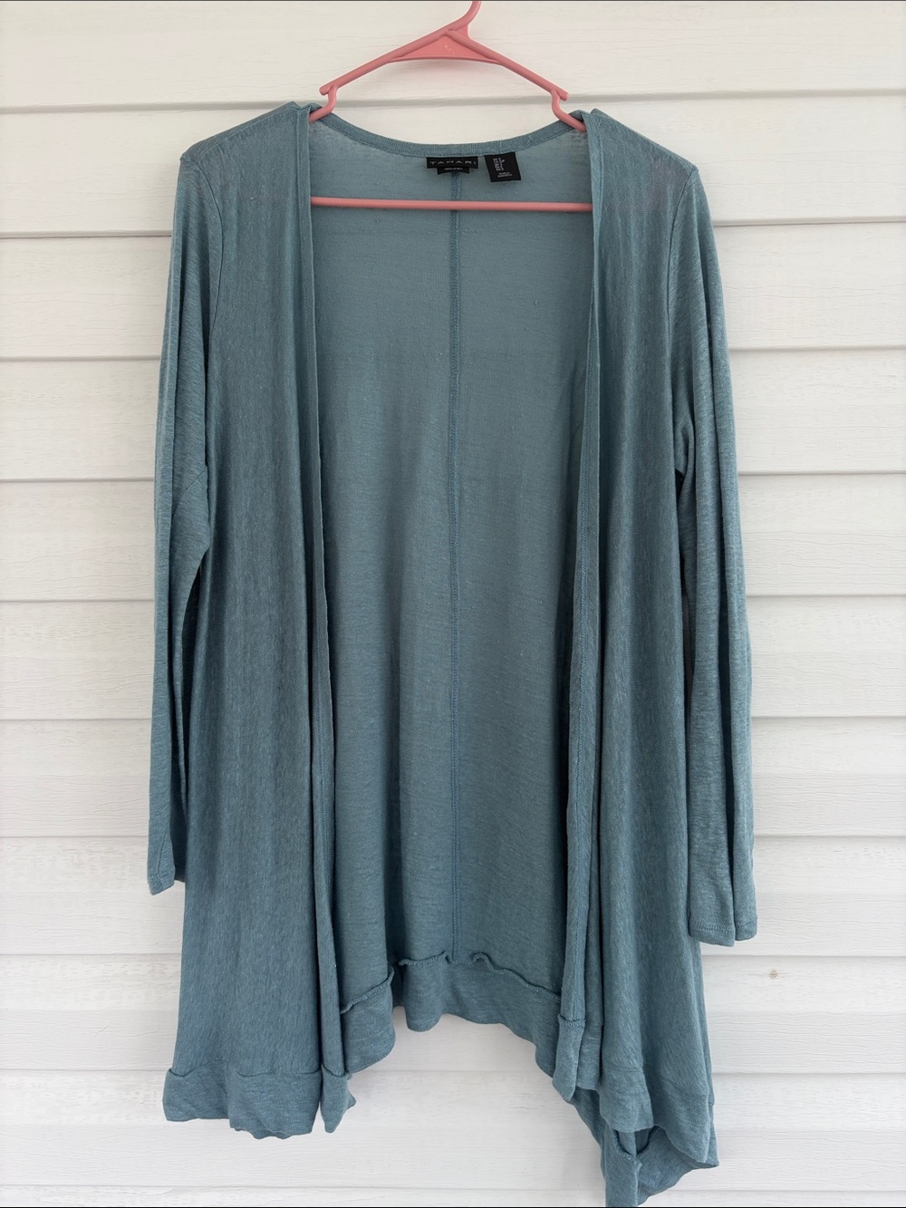 Tahari 100% Linen Open Front Cardigan Coastal Lightweight Duster Layering Blue